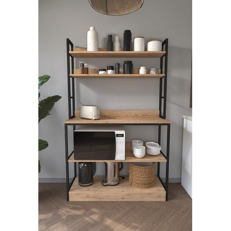 Étagère pour cuisine de style industriel avec plusieurs niveaux avec étagères en mélamine couleur safir et structure en acier noir (hauteur 161 / largeur 101 / profondeur 18-34) cm (1/3)