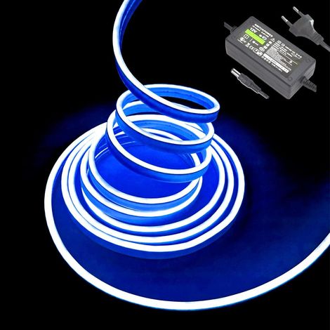 Barre lumineuse LED néon, 5 m 12 V DC 600 SMD2835 LED étanche pour décoration intérieure et extérieure (avec adaptateur secteur) (5M, blue) (1/5)