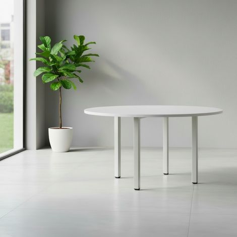 Tavolo Rotondo Leccino 90x90 con Gambe Regolabili in Altezza – Bianco e Alluminio (1/3)