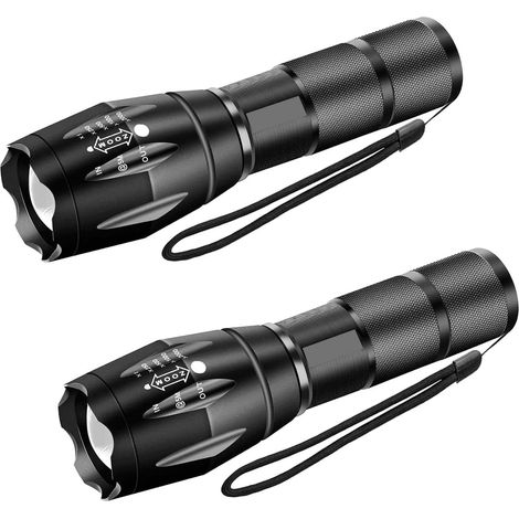 Set aus zwei taktischen LED-Taschenlampen in Militärqualität mit einem Betriebsmodus, geeignet für Camping, Wandern und Notfallsituationen.
