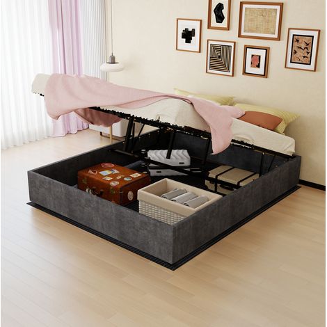 Cadre de lit 160/200 cm gris en tissu et métal à dossier réglable (1/5)