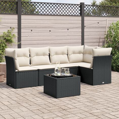 6-tlg. Garten-Sofagarnitur mit Kissen Schwarz Poly Rattan (1/3)