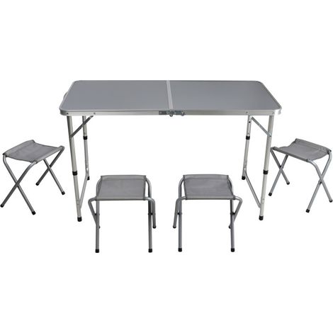 Table pliante 120cm Camping + 4 Tabourets Aluminium - Ensemble Compact Transportable Gris - Livraison gratuite