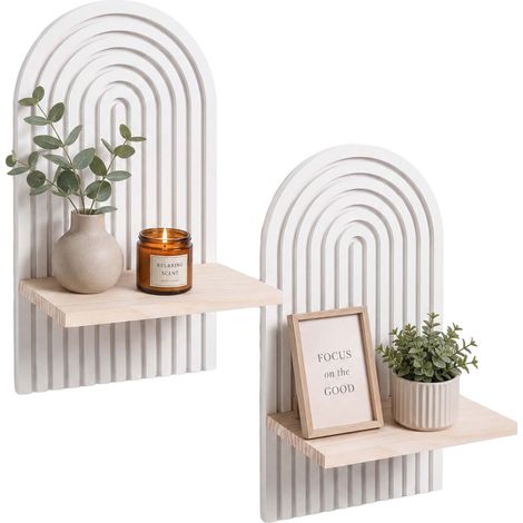 Boho Wooden Wall Shelf Set, Natural White, 2 Pieces (1/5)