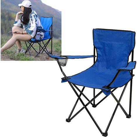 Chaise pliante portable, légère, mobile, robuste et confortable pour le camping, la pêche, le barbecue et la randonnée (bleue). (1/5)