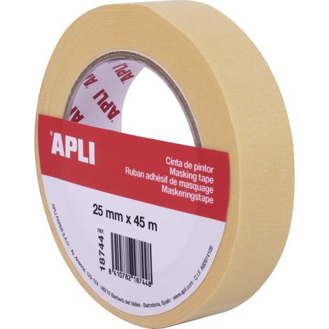 APLI Rotolo di nastro da pittore o carrozzeria 25 mm x 45 m formato singolo, carta da 57 g/m², resistente fino a 60° (1/3)