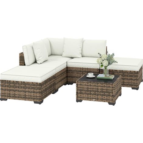 Salon de jardin extérieur d'angle 5 places en résine tressée, canapés, repose-pieds, table basse et coussins, crème
