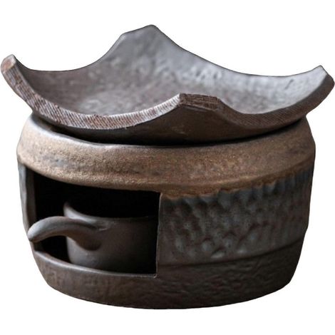 Ensemble de torréfaction de thé vintage avec base chauffante - Céramique artisanale, design rétro, idéal pour un moment de méditation et de détente. (1/5)