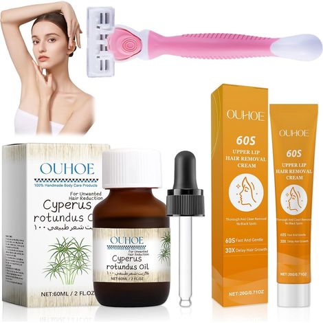 2 Pièces Cyperus Rotundus Oil, avec Creme Depilatoire Visage (1/5)
