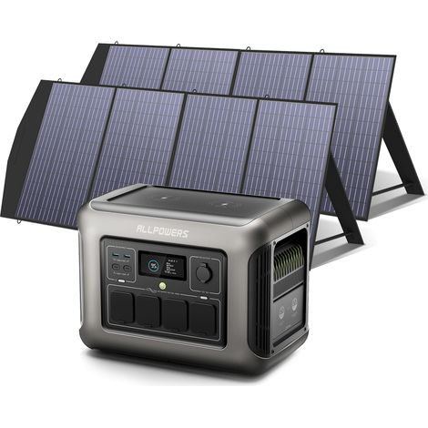 ALLPOWERS R1500 générateur solaire avec 2 panneaux pliables de 200W, IP66 étanche, 1152Wh batterie LiFePO4, 2 x Chargement rapide sans fil 15W, Énergie solaire MPPT pour camping, extérieur, jardin, RV