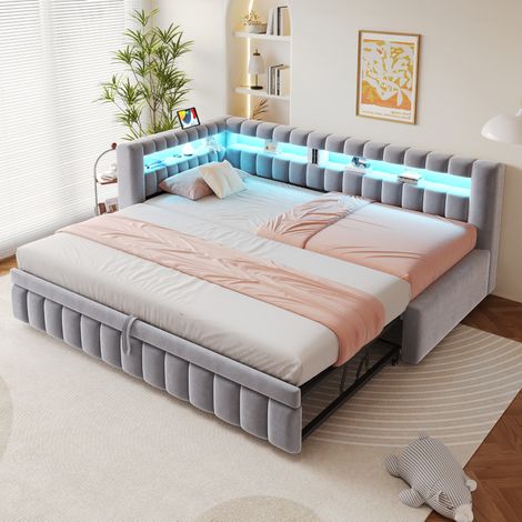 Sofá cama 90 x 200 cm con cama deslizante, LED, USB y Type-C, terciopelo gris claro DESVIAE (1/5)