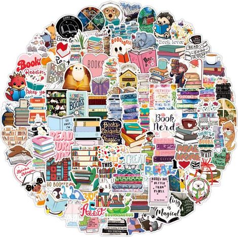 Lot de 50 autocollants Bookworm - Pour mur, ordinateur portable, téléphone - Thème bibliothèque / lecture - Stickers décoratifs (1/5)
