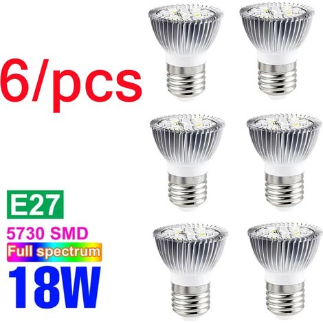 Lampes de croissance pour plantes Ampoule LED de croissance pour plantes (E27 18W, lot de 6 - 85-265 nm) - Spectre complet - Lampe horticole Fitolamp pour serres et cultures hydroponiques.