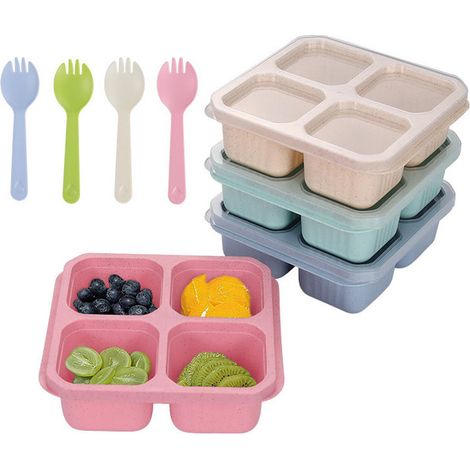 Ensemble de 4 boîtes à goûter - Boîte à goûter compartimentée - Boîtes à lunch - Boîtes compartimentées pour fruits et noix - Paille de blé - Multicolore (1/5)