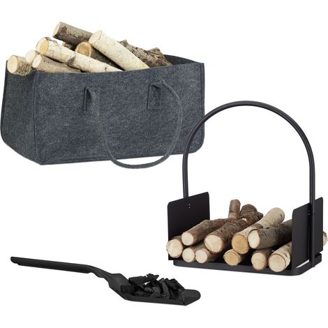 Relaxdays 3-piece Fireplace Set, Foldable Firewood Bag, Log Rack, Coal Shovel, Felt, Steel, Powder Coated, Black/Grey (1/5)