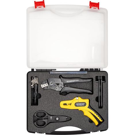 Kit d'outils de dénudage et de sertissage pour installations solaires avec pince n° 5 Solar Pro, pince à sertir MC4, clé MC4 et ciseaux à câble n° 35 (1/5)