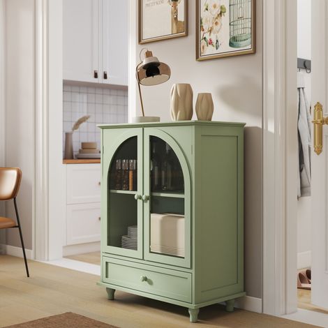 Buffet fermier 71×38×93, 5 cm, 2 portes verre arquées, vert (1/5)