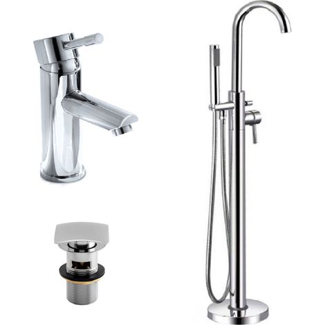 Blossom Modern Basin Sink Mixer Tap & Freestanding Bath Shower Mixer With Handset Kit + Waste (1/5)