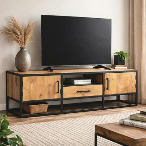 Meuble TV en bois clair 2 portes 1 tiroir 180 cm RIVANO (1/4)