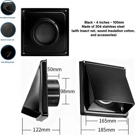 Grille d'aération en acier inoxydable 304 de 100 mm, grille d'évacuation d'air, avec clapet anti-retour intégré, moustiquaire et ouate insonorisante (1/5)