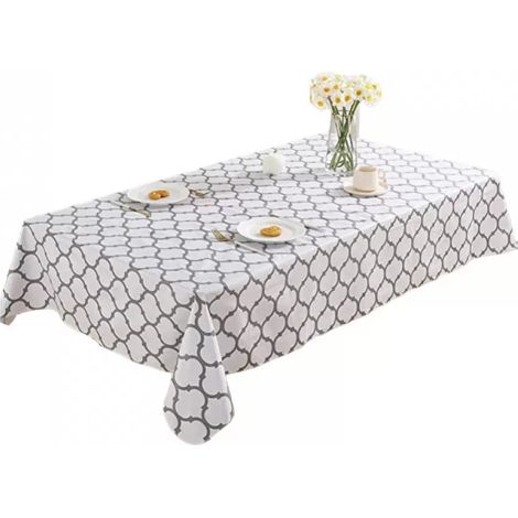 Rechteckige marokkanische Polyester-Tischdecke, wasserdicht und knitterfrei – Waschbare Tischdecke – 152 x 259 cm (60 x 102 Zoll) – Weiß und Grau