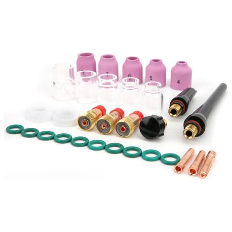 Kit d’accessoires pour torche de soudage TIG (31 pièces) : comprenant des torches de soudage de tailles n° 6 et n° 12, des verres de protection, des buses en céramique, des lentilles à gaz et des corp