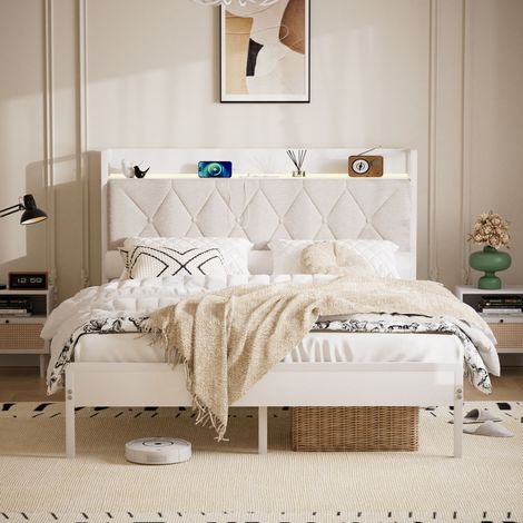 Lit capitonné double 140x190 cm avec station de recharge (2 prises, 2 USB), cadre avec tête de lit capitonnée et rangement, lit double pour chambre, couleur blanche (1/5)
