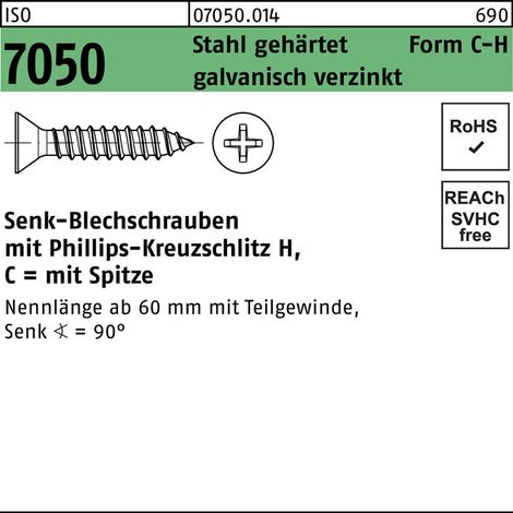 ISO 7050 Form C Senkkopf-Blechschraube VG 5,5x60 Stahl galvanisch verzinkt PH 250 Stk (1/2)