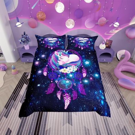 Parure de lit avec housse de couette respirante à motif de licorne de dessin animé pour enfants, garçons, filles, adolescents motif : attrape-rêves bohème pour lit simple couvre-lit pour (1/4)