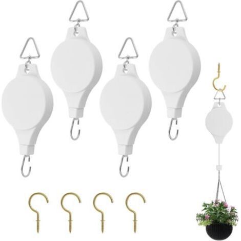 4 ganchos para colgar plantas, poleas retráctiles para plantas, poleas para colgar plantas, adecuados para macetas de jardín, jardineras colgantes, comederos para pájaros (blanco) -Crezuo