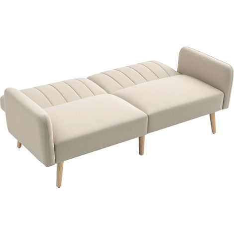 Canapé convertible 2 places design scandinave dossier inclinable 3 positions pieds bois tissu aspect lin beige