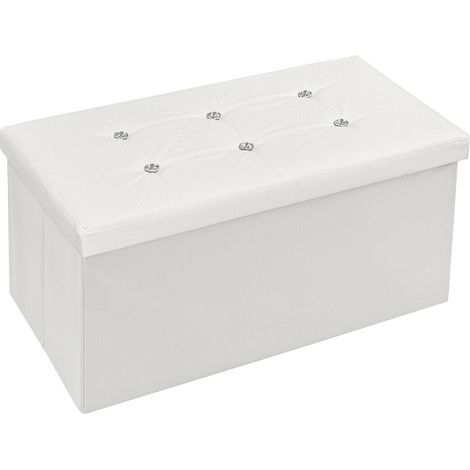 Cassapanca Contenitore Pouf Portaoggetti Poggiapiedi Diamante Strass Swarovski Tinta Unita 76x38x38 cm - Bianco