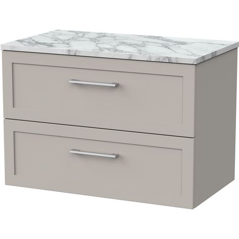Stonnall Traditional Wall Hung 2 Drawers Vanity Unit with Carrera Marble Laminate Worktop, 800mm, Pebble Grey