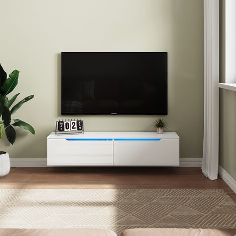 SONNI Moderner hochglänzender hängender TV-Schrank Fernsehtisch mit LED-Licht, TV-Möbel mit 2 Türen zur Aufbewahrung von Medien Weiß, 1400mm (1/5)