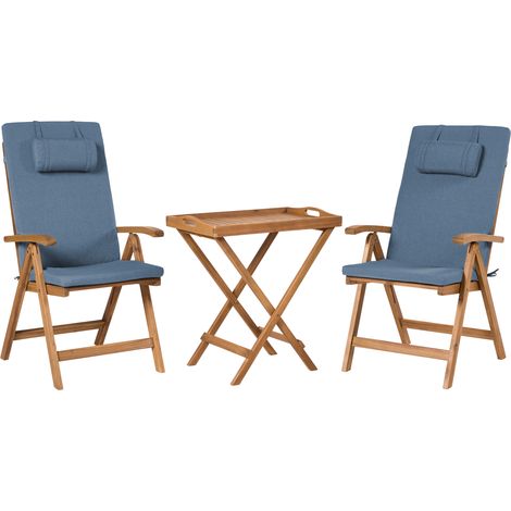 Conjunto de balcón rústico de madera de acacia mesa y 2 sillas plegables con cojines azules Java Premium