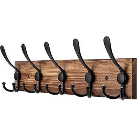 Porte Manteau Mural Bois - 5 Crochets Triples en Noir - 43 cm - Patere Murale pour une Entrée, Chambre, Salle de Bain et Vestiaire (1/5)