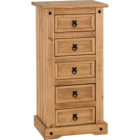 Corona 5 Drawer Narrow Chest - L39 x W53 x H104 cm - Distressed Waxed Pine (1/5)
