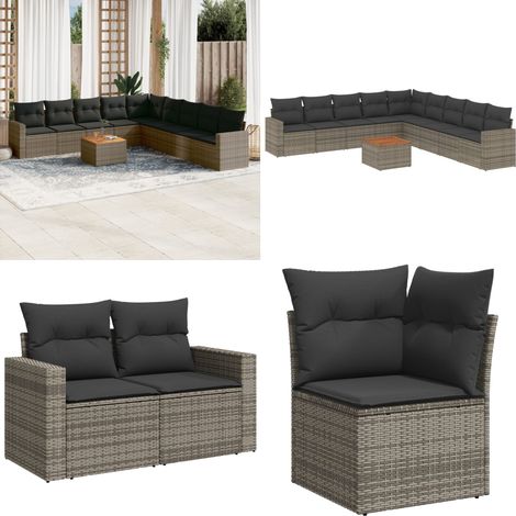 10-tlg. Garten-Sofagarnitur mit Kissen Grau Poly Rattan - Gartenmöbel Set - Lounge Möbel - Outdoor Möbel - Rattan Gartenmöbel - Wetterfeste Gartenmöbel - Home & Living