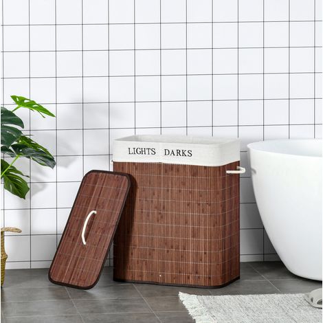 Cesto para ropa 52x32x63 cm marrón de bambú con tapa, 2 compartimentos y bolsa extraíble (1/5)