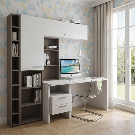 Angolo studio multifunzionale con libreria a profondità variabile e cassettiera integrata - Bianco e Fumo