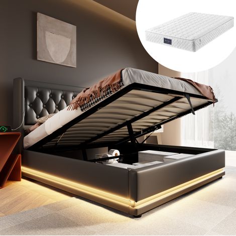 lit coffre 160x200 avec matelas LED USB PU noir HAVRYA (1/5)