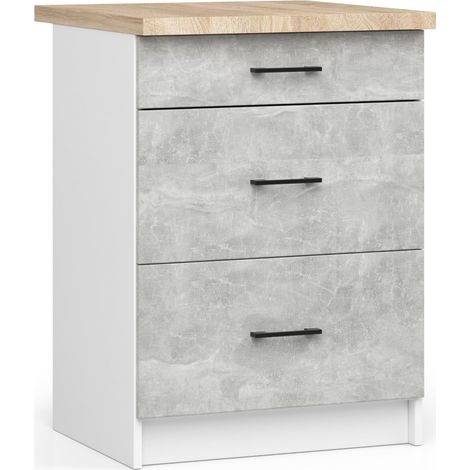 Akord – Armoire de cuisine basse 60 cm – 3 tiroirs – Façade béton finition mate – Dimensions 60x46x85 cm – Panneau stratifié