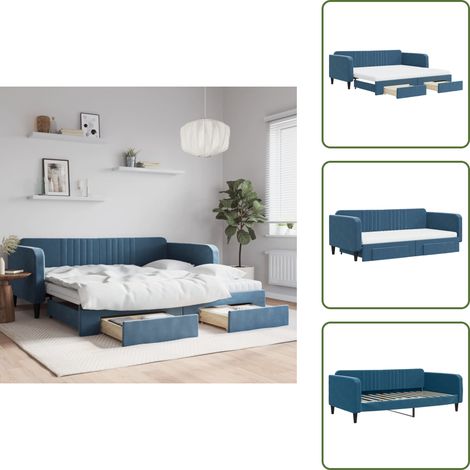 The Living Store Lit de jour avec gigogne et tiroirs bleu 100x200 cm velours - Canapé Convertible - Lit Gigogne - Meuble Multifonctionnel - Lit D'appoint - Rangements Intégrés