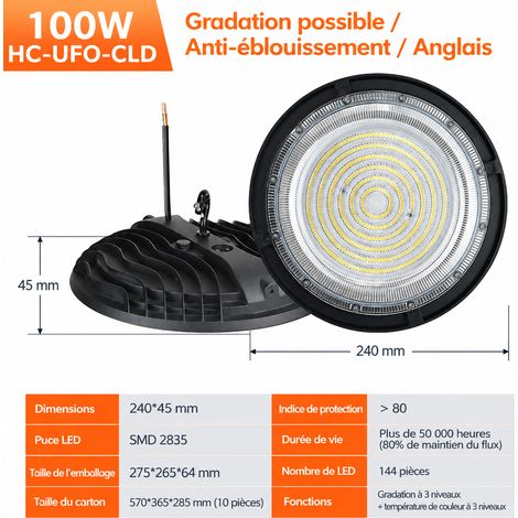 Suspension LED UFO Industrielle 100W version linéaire - variation 3 couleurs IP65 24 × 24 × 4,5 cm 1,05 kg – Livraison gratuite