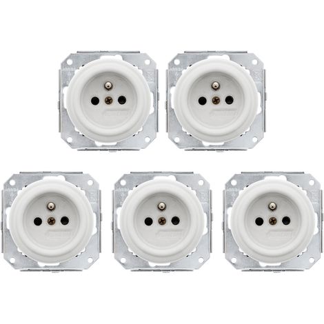 Lot de 5 prises avec terre Garby Colonial – Porcelaine blanche – Design rétro élégant – Installation encastrée – Sécurité, durabilité et charme authentique - FONTINI
