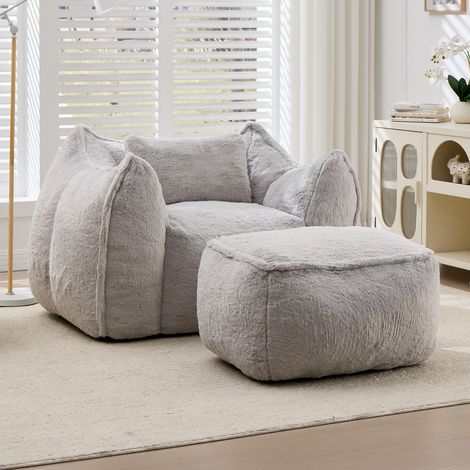 Sillón Puff de Peluche, Respaldo Ergonómico con Reposapiés, Espuma Troceada, Gris (1/5)