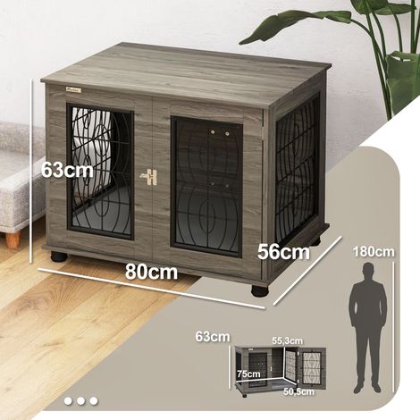 Hundebox mit Liegekissen, bis 20kg/50cm Körperlänge, Metall, 80x56x63cm, Grau/Holzdekor (1/5)