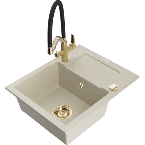 Mexen Enzo 1 Becken-Granitspüle mit Abtropffläche und Mischbatterie Duo, Beige - 6506-69-671701-57-G (1/5)