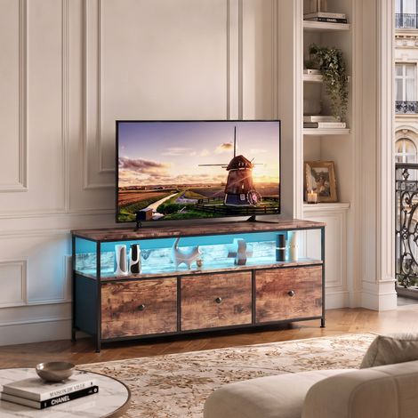 Meuble TV avec ruban LED intelligent, buffet d'entrée avec 3 tiroirs de rangement, table console industrielle en bois et métal 108 cm, Marron (1/5)