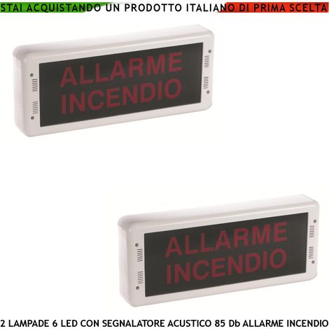 LAMPADA VIA DI FUGA 2 PEZZI LUCE LED SIRENA 85 dB SCRITTA ALLARME INCENDIO PANNELLO A MURO EN 54-3 EN-54-23 DoP 1293 CPR-0511 (1/4)